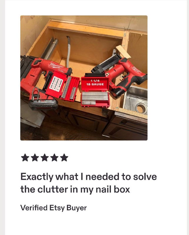 Customer photo of brad nail organizers beside nailers